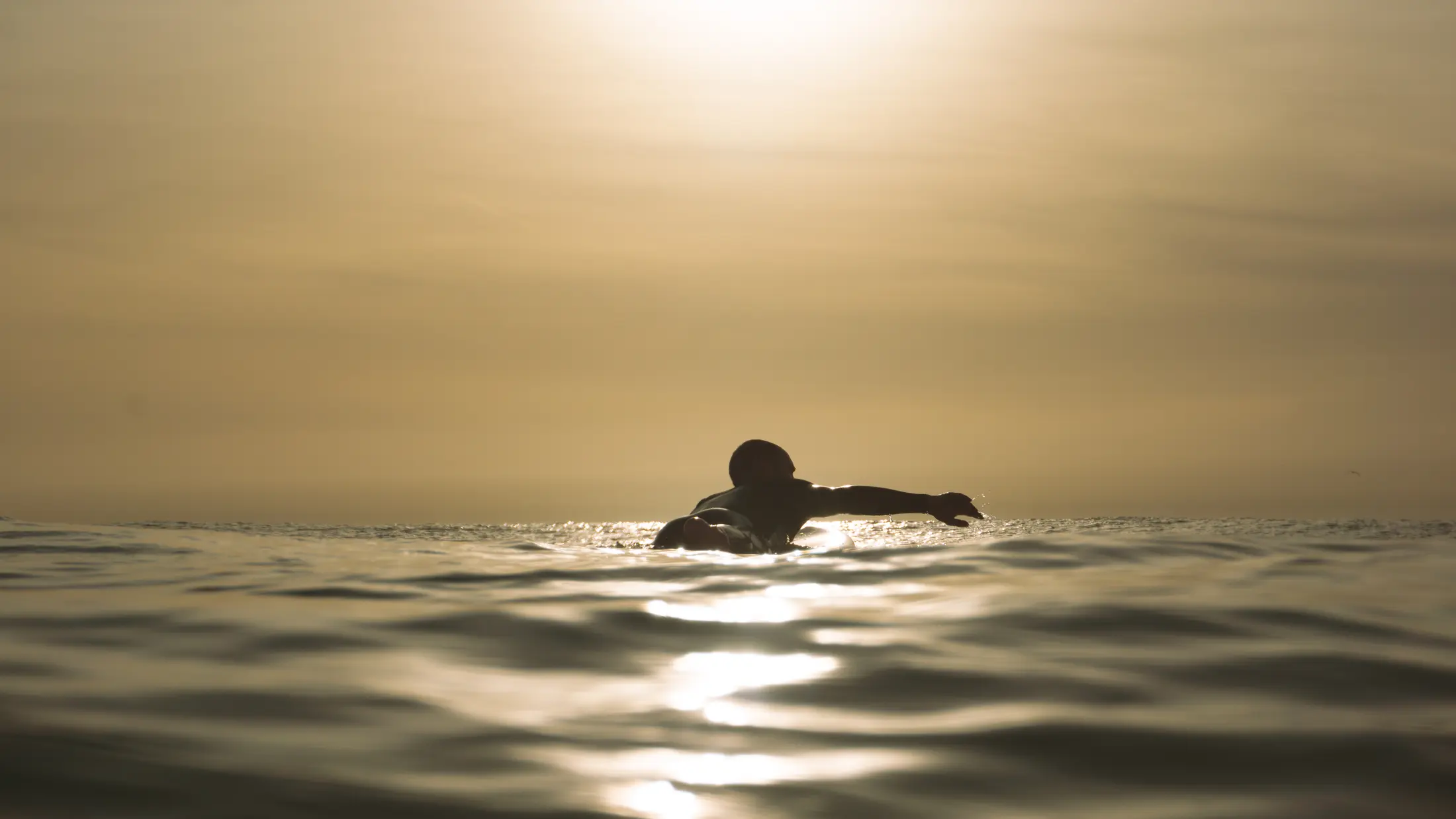Surfer paddling through calm water at sunset